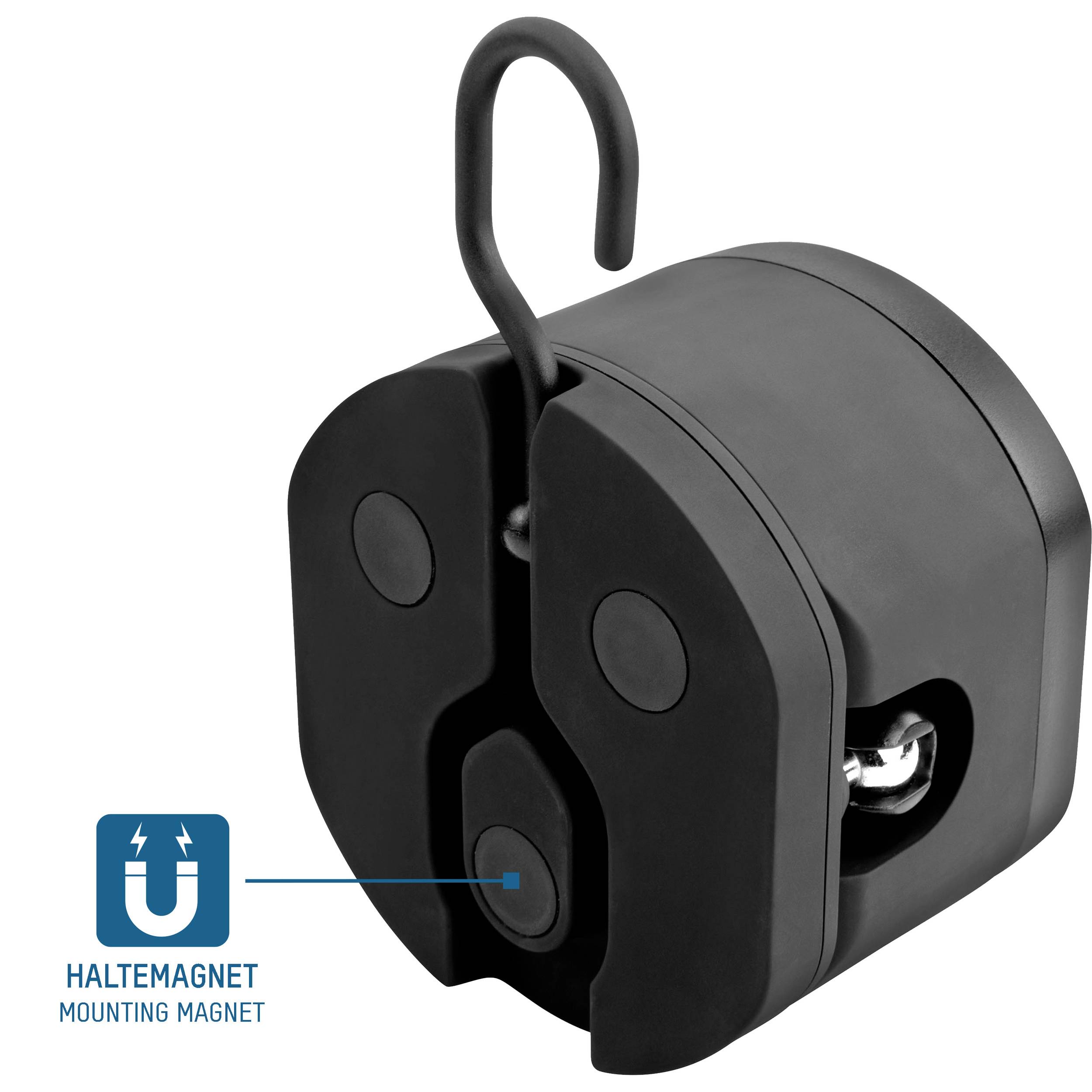 Black holding magnet with hook, robust design, suitable for securing objects.