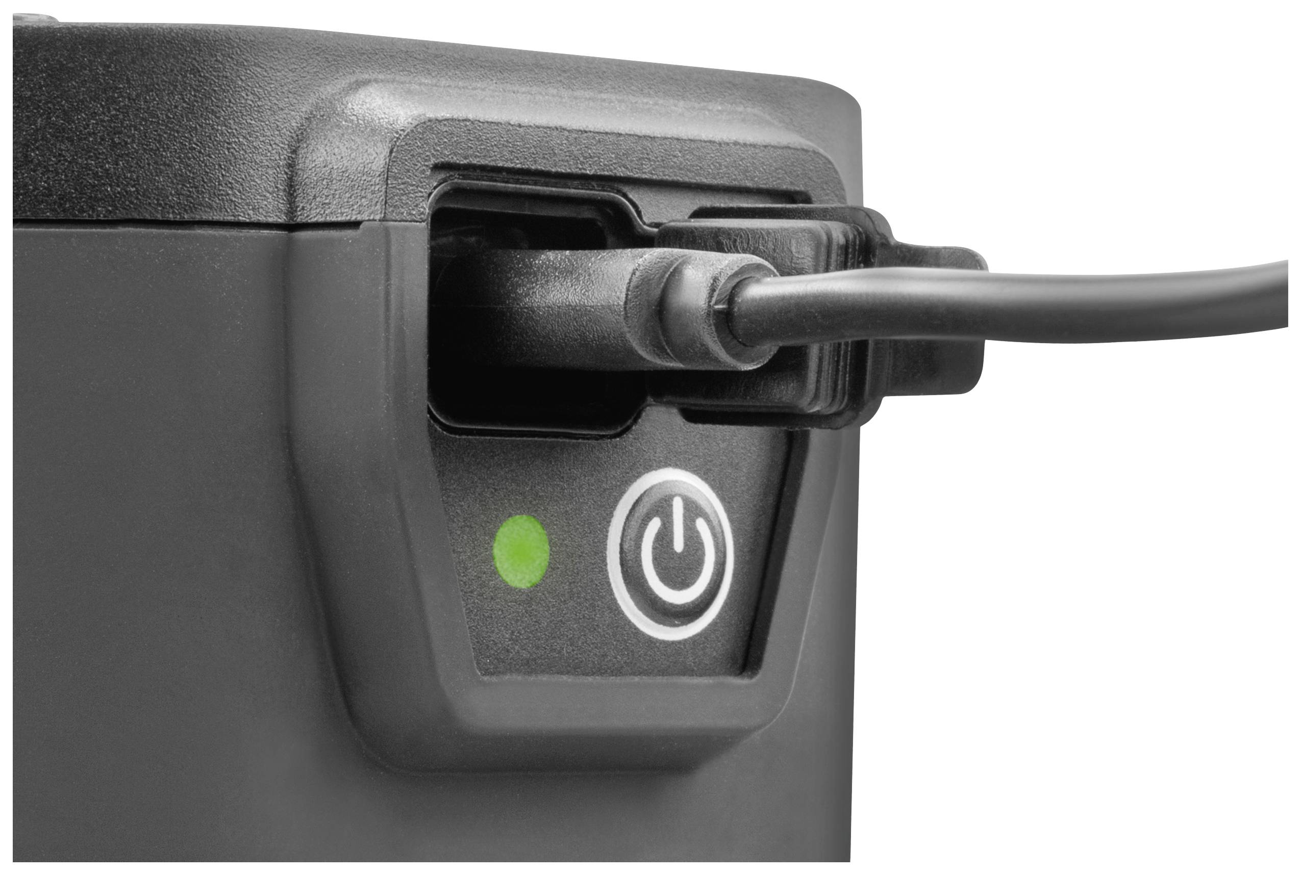 A black socket with an attached cable and a green illuminated on/off switch.