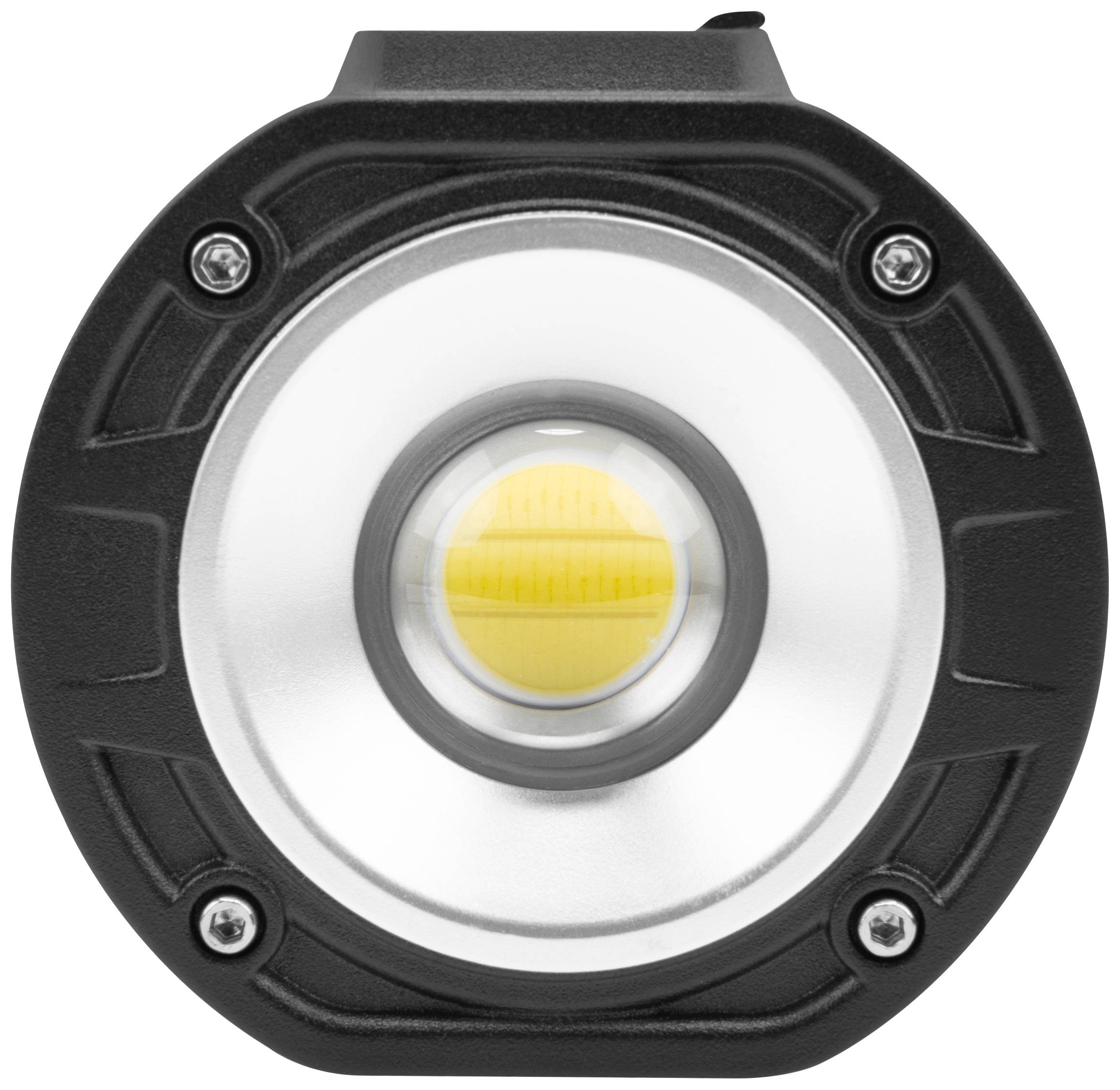 A round LED lamp with a black outer casing and a visible, circular lighting element in the centre, which appears yellow.
