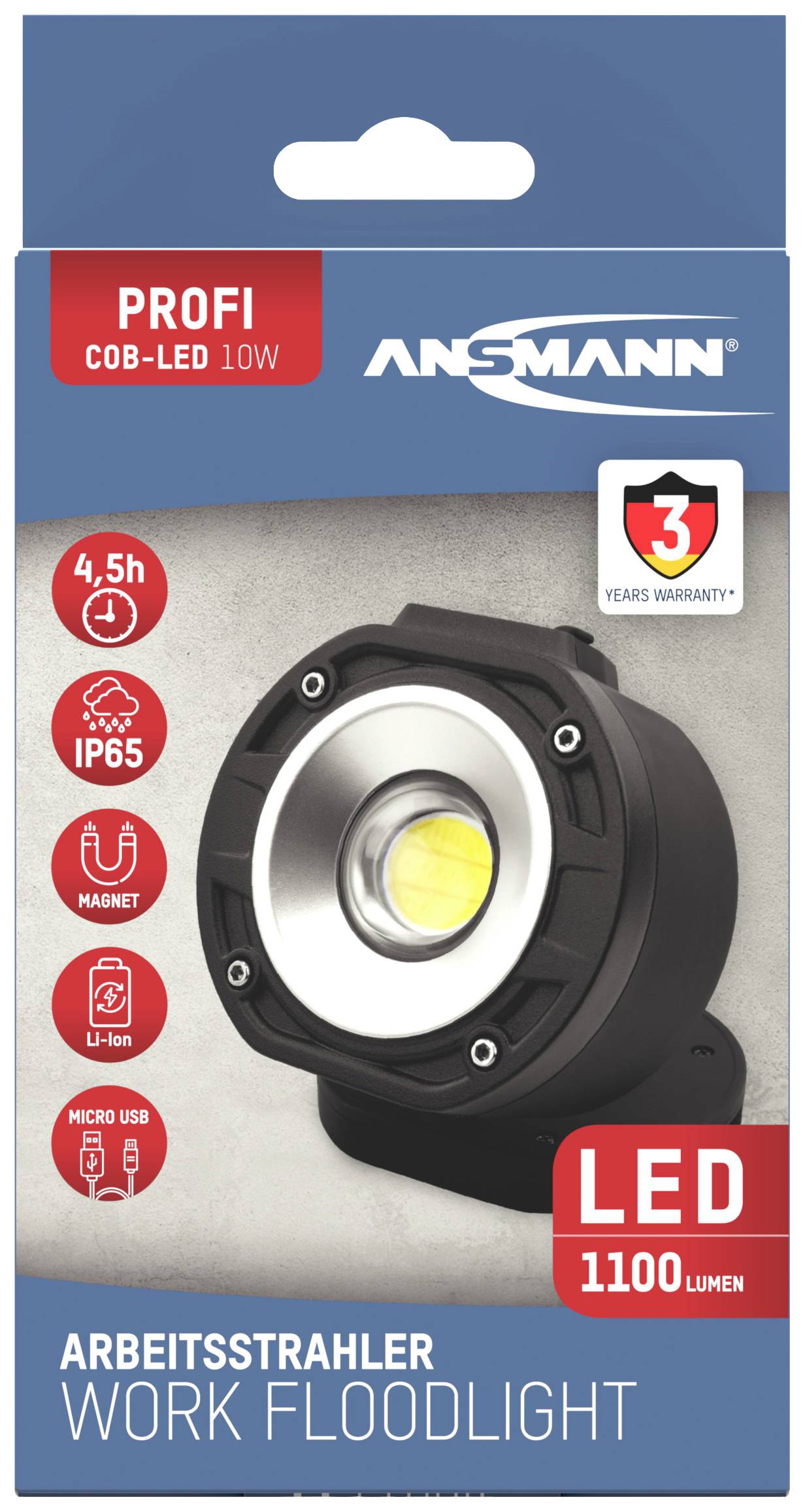 Packaging for an LED Work Light. Contains information: 10W COB LED, 1100 lumens, 4.5 hours operating time, magnetic, IP65, USB charging, 3-year warranty.