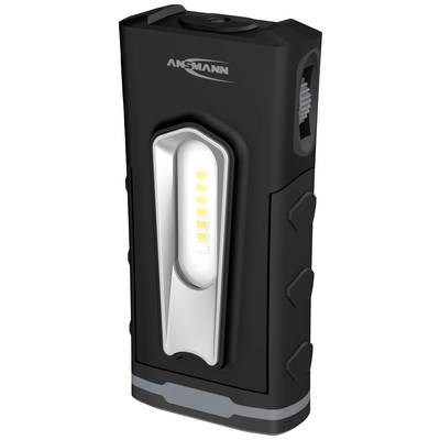 Black portable LED torch with side grip textures and a light indicator in the centre. Brand name at the top.