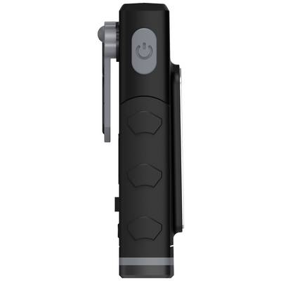 Black portable device with a grey power button and three rounded indentations on the side, side view.