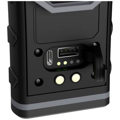 A black technical device with a USB port and two buttons, housed in a robust casing.
