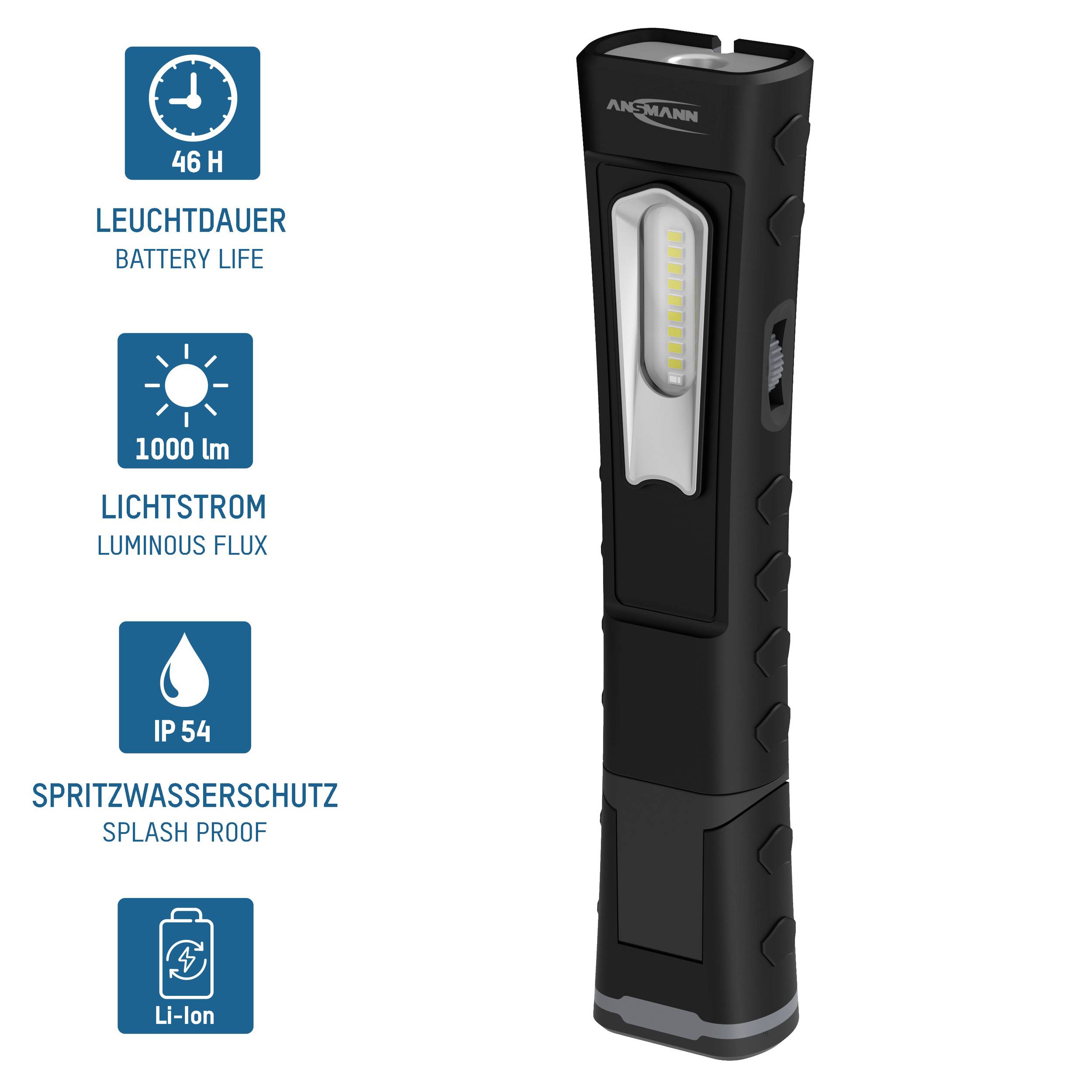 Black LED torch with splash-proof protection (IP54), Li-Ion battery, 46-hour battery life and 100 lm light output.