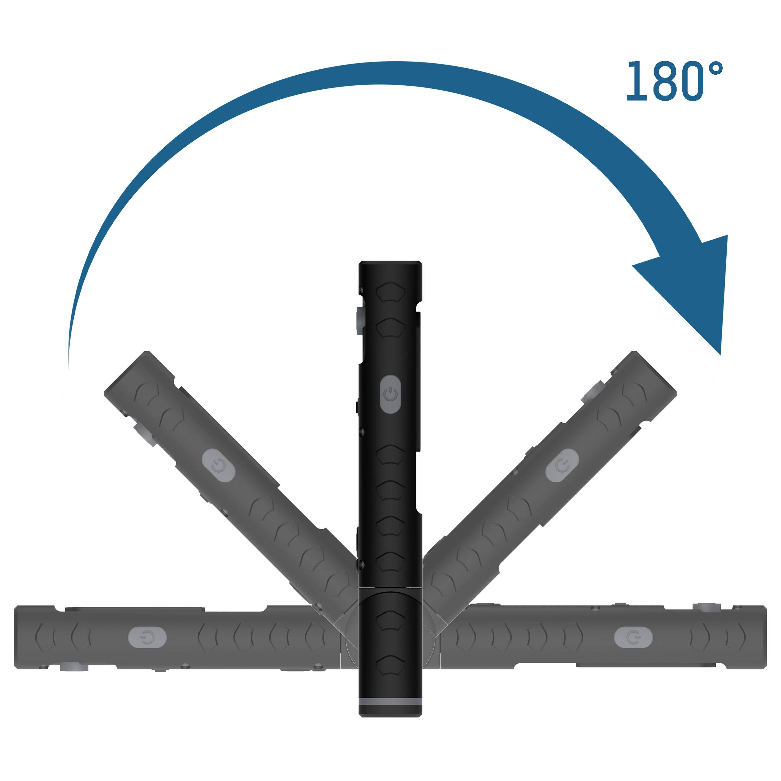 'Schematic representation of a torch head that tilts 180 degrees, with an arrow indicating the rotation movement.'