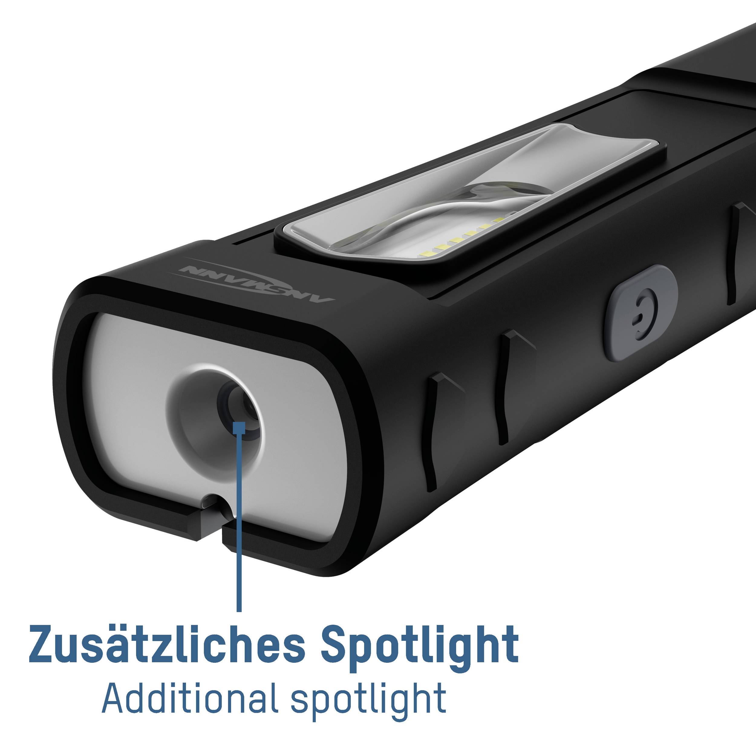 Portable torch with an additional spotlight feature. It is black, with a large lens at the front and a side button.