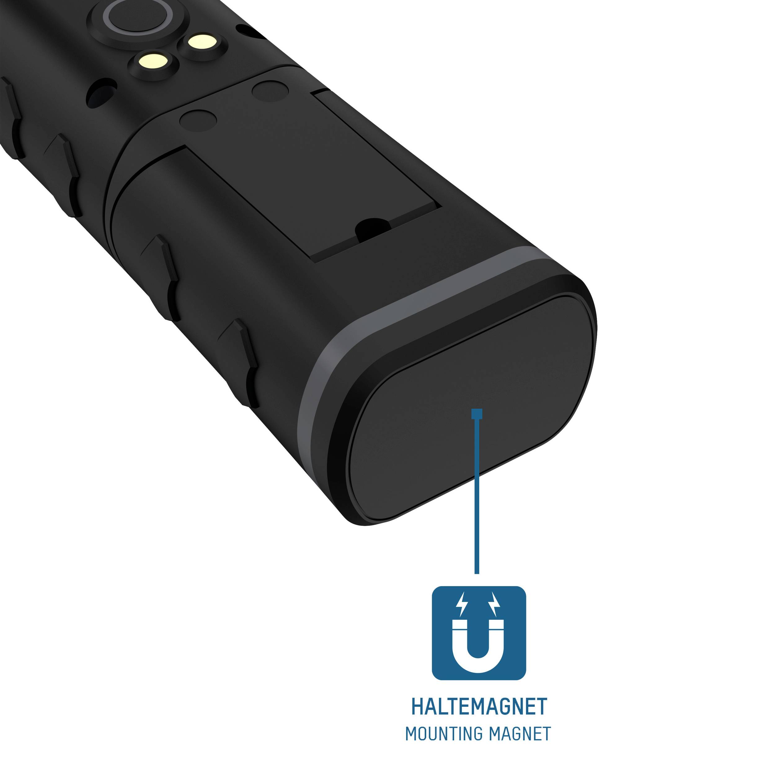 Black torch with holding magnet underneath, practical mounting solution.
