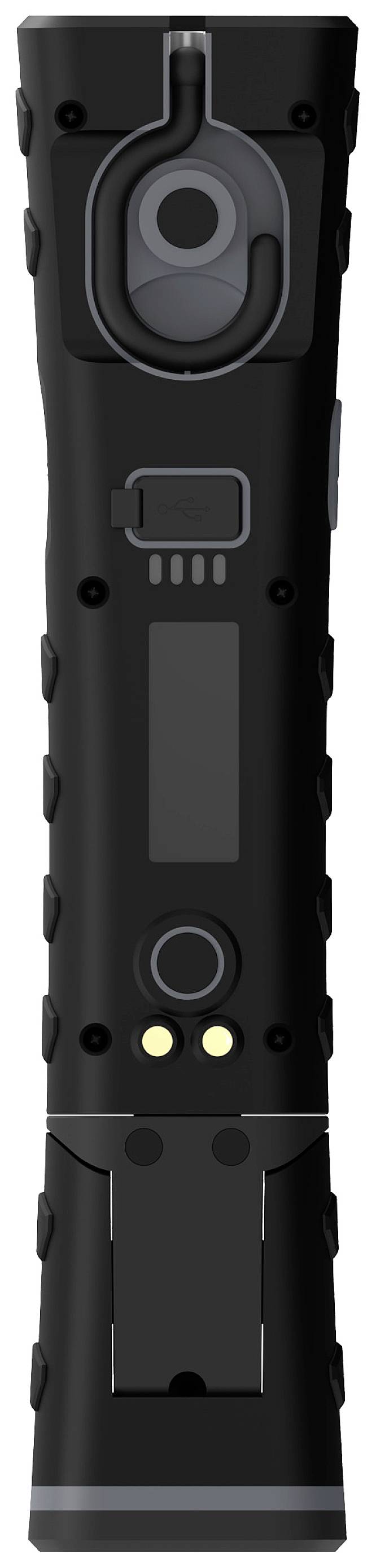 Black torch with textured grip, centrally positioned button and charging indicator.