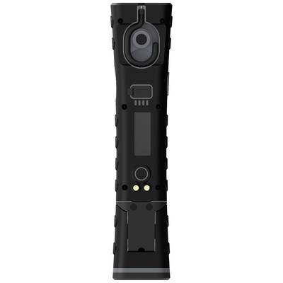 Black torch with textured grip, centrally positioned button and charging indicator.