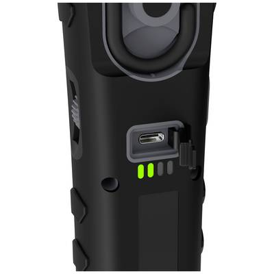 Black device with USB-C port, two green indicator lights and a textured grip.