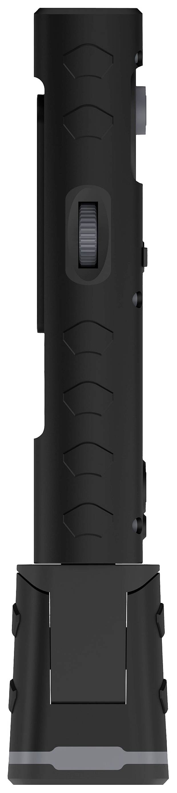 A black torch with a side view, showing a knurled switch for operation.