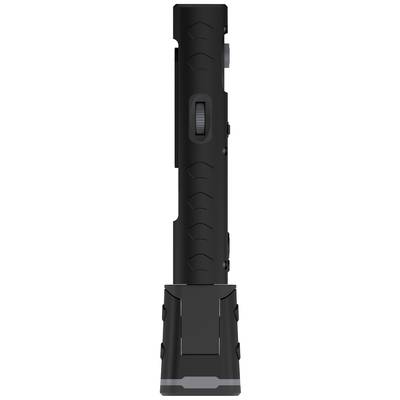 A black torch with a side view, showing a knurled switch for operation.