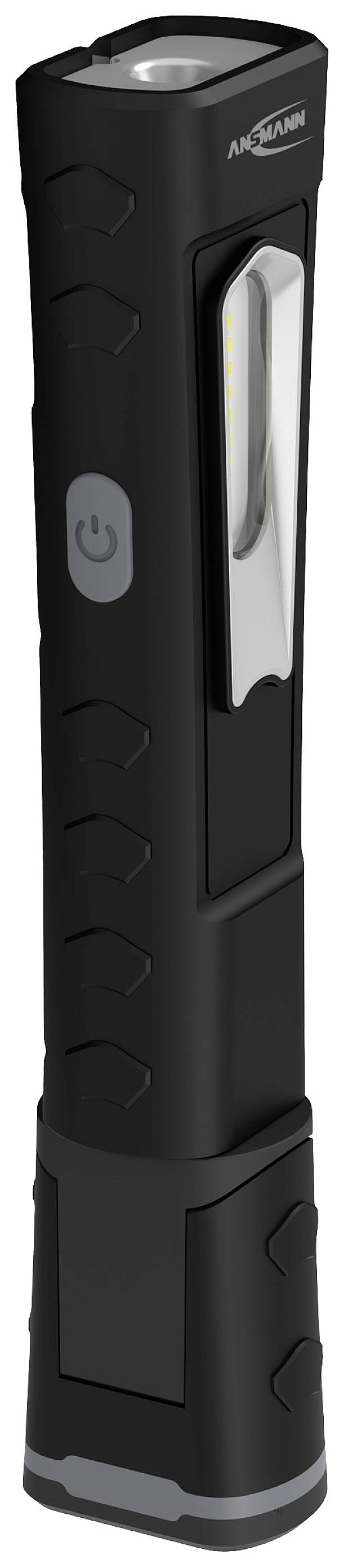 A black LED light with a silver clip and a grey on/off switch on the side.