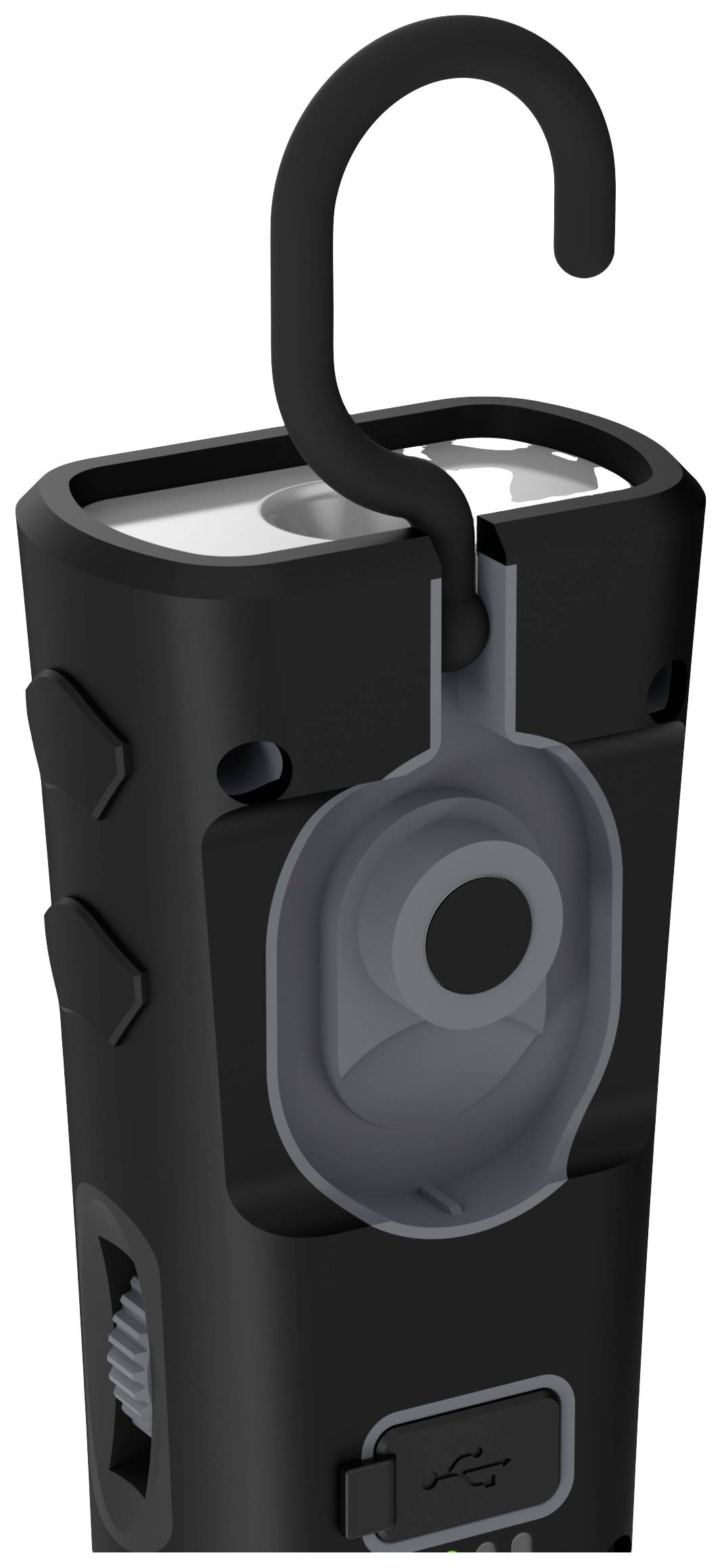 A black, rectangular device with a hook at the top, suitable for hanging. Suitable as a work light, with a USB port at the bottom.