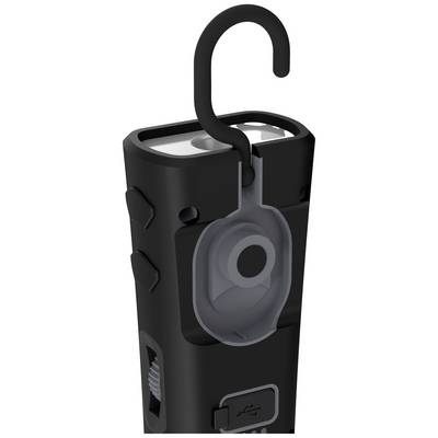 A black, rectangular device with a hook at the top, suitable for hanging. Suitable as a work light, with a USB port at the bottom.