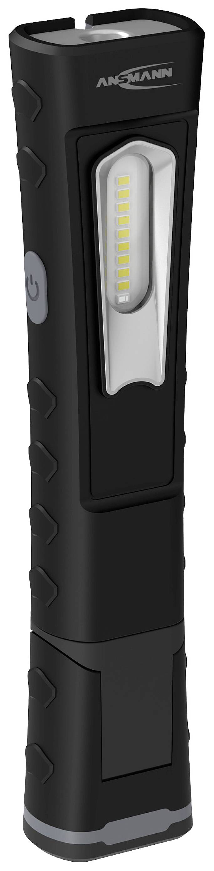 Black torch with silver section and integrated LED strip. Textured grip and side power button.