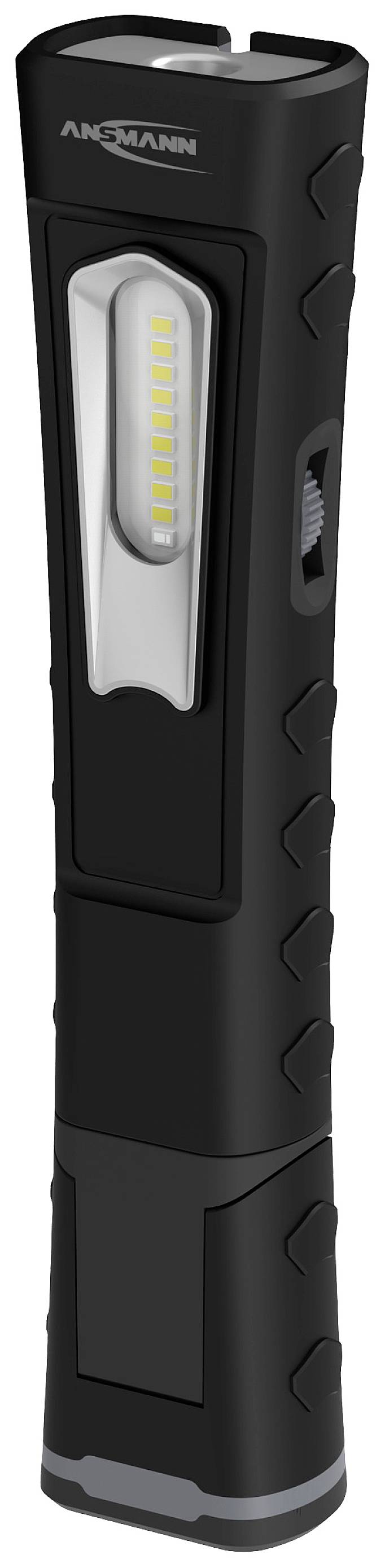 Black LED torch in vertical orientation, slim design with textured grip and side switch.