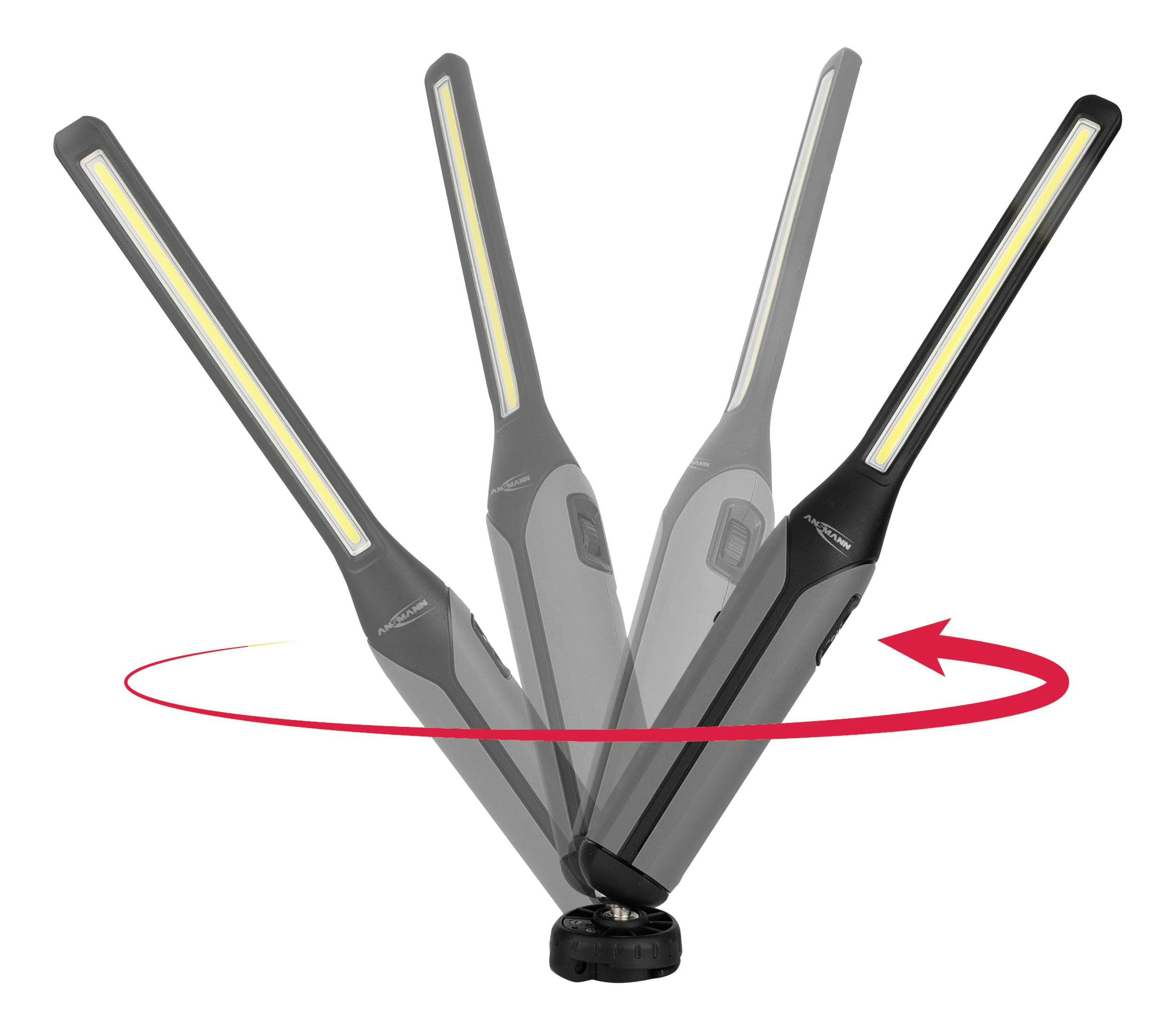 'Rechargeable LED lamp, featuring rotatable lamp arms with a red arrow indicating direction of movement.'