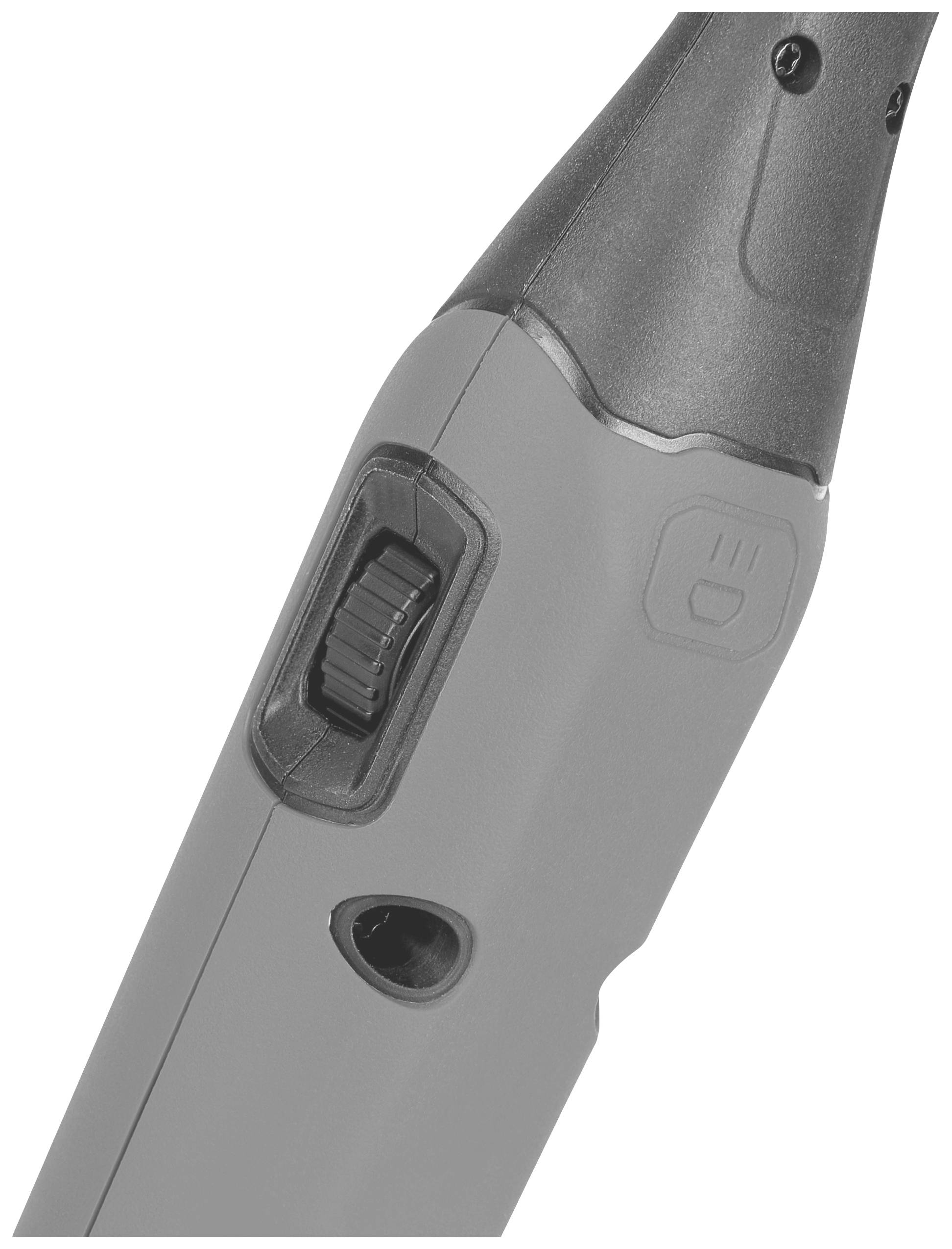 Grey handle of a tool with a black wheel on the side and an opening underneath, close-up.