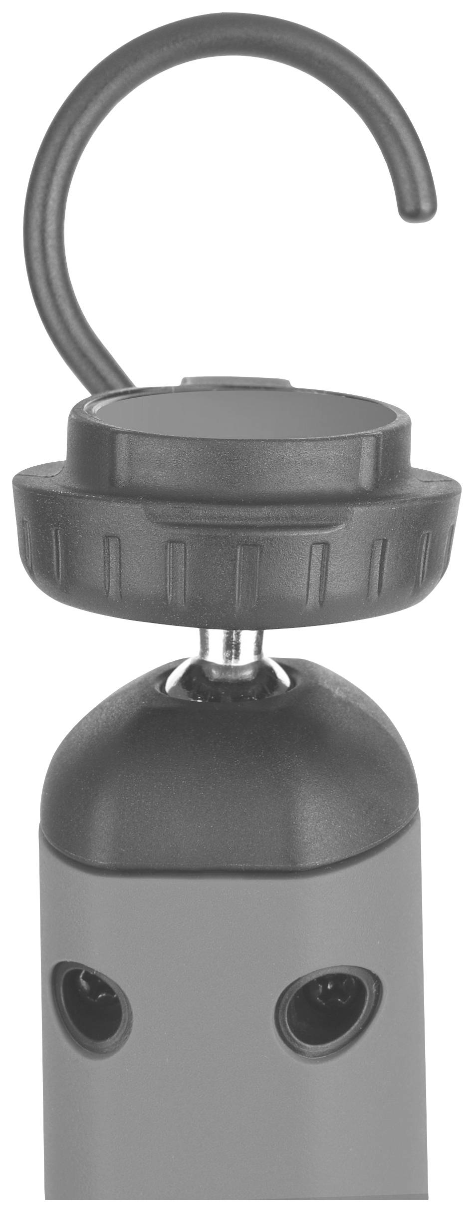 Grey handle with black hook and rotatable knob for height adjustment.