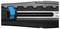 Close-up of a black carpet knife with a blue safety button. The button displays symbols for locking and unlocking.