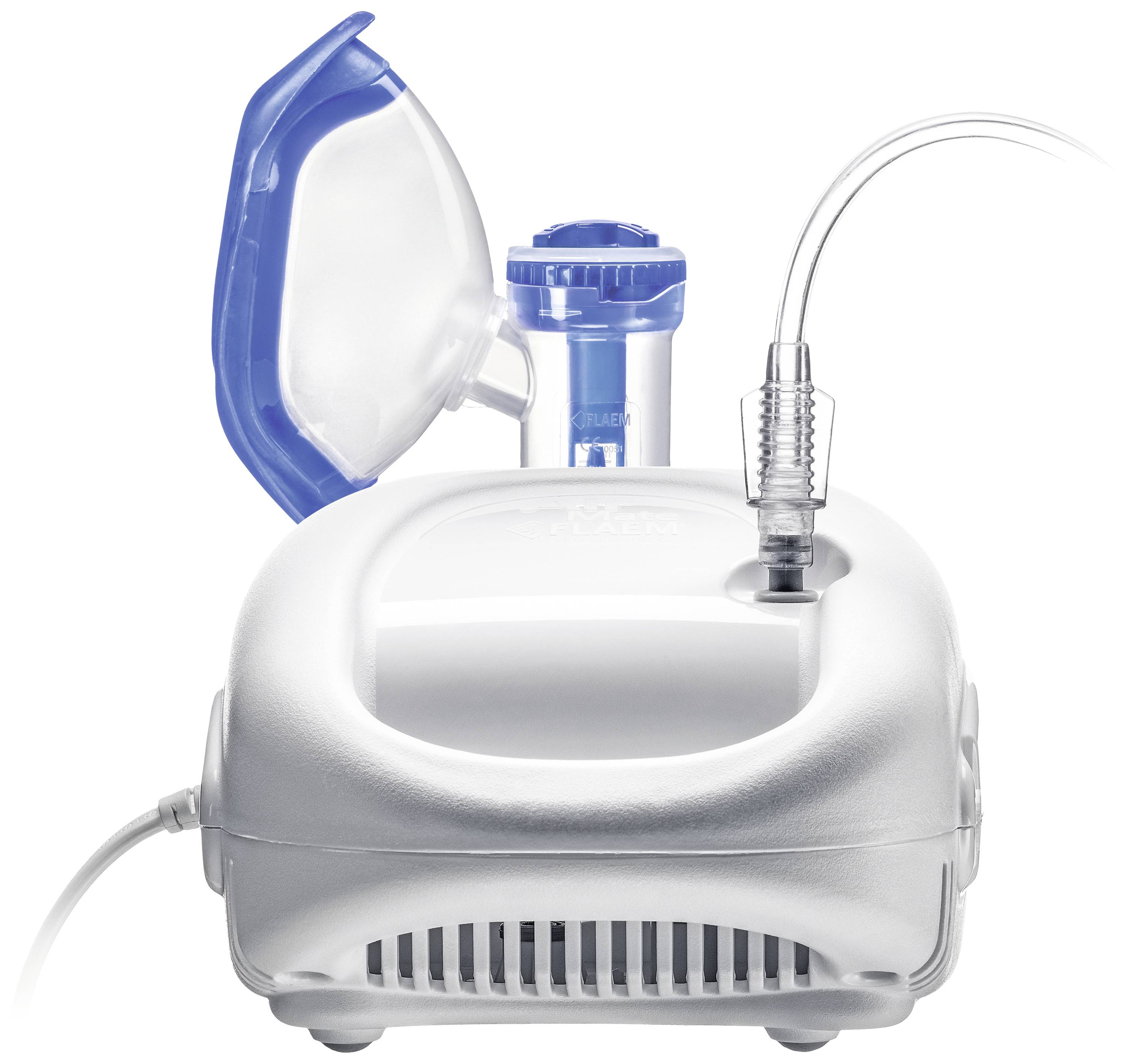 A white nebuliser with a blue mouthpiece and tube, ready for inhalation therapy.