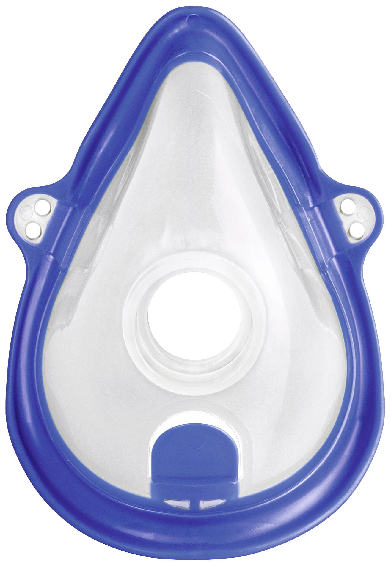 Clear plastic mask with a blue frame, likely for medical applications.