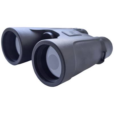 A black pair of binoculars with round eyepieces lies slightly at an angle. It is used for observing distant objects.