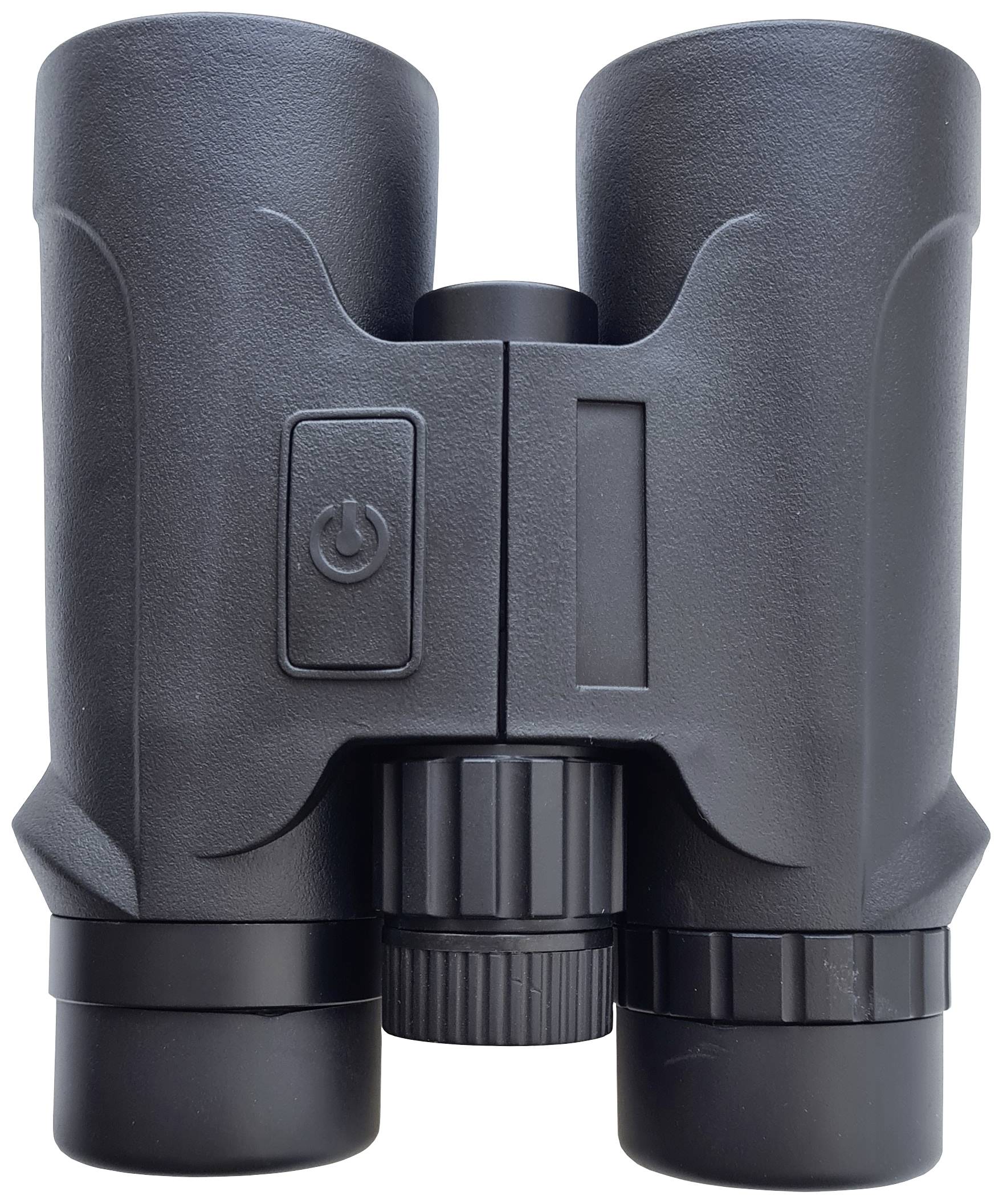 A black pair of binoculars with a central focus wheel and ergonomic design, suitable for outdoor activities such as birdwatching.