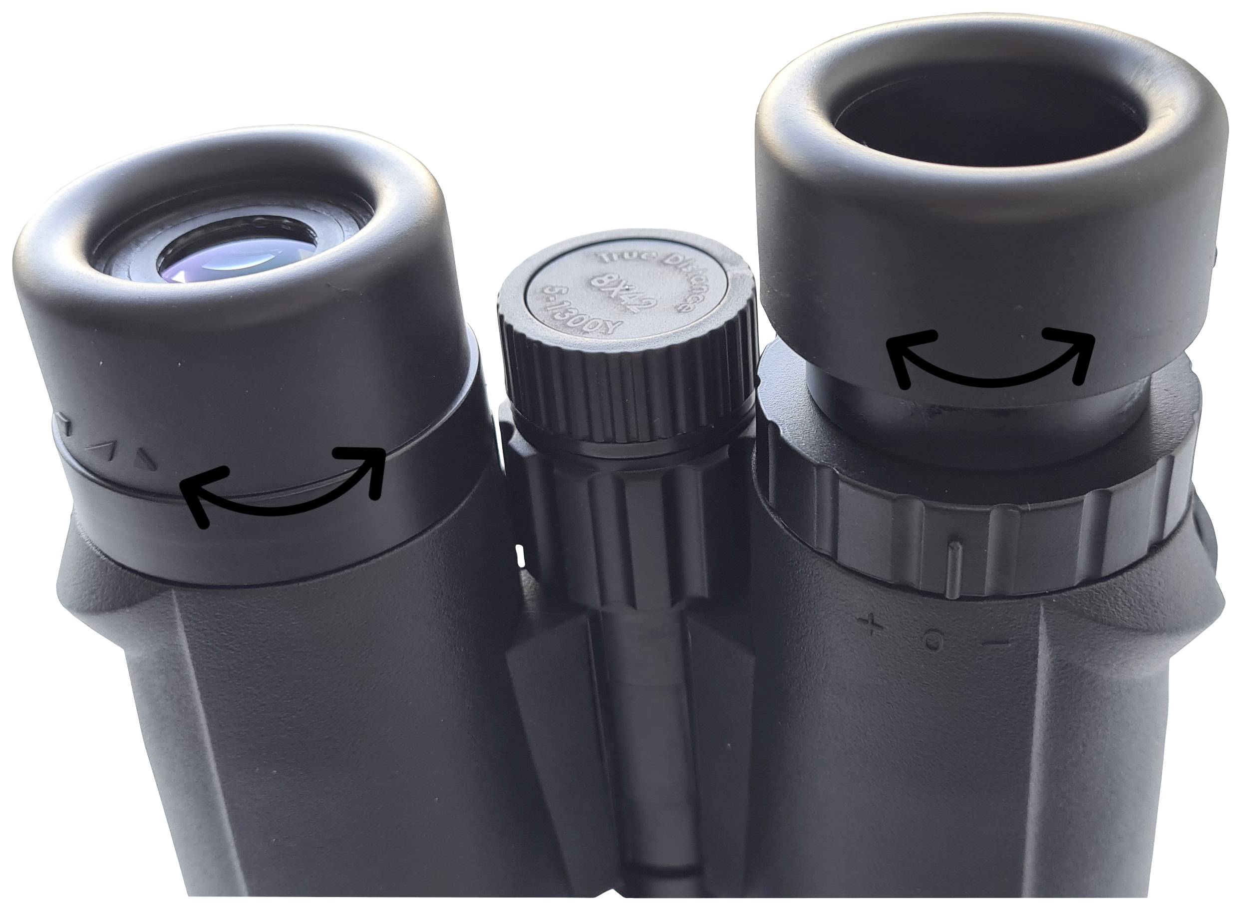 Binoculars with two eyepieces, both featuring arrows indicating the direction for adjusting the eyecups.