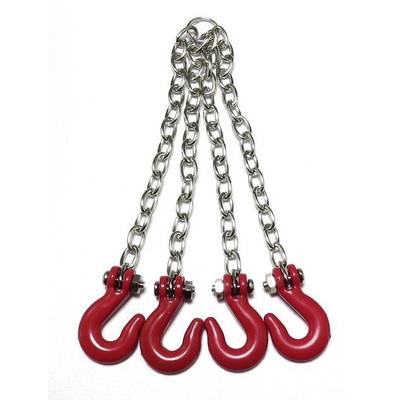 Four silver chains with red hooks, symmetrically connected to a common ring, depicting lifting equipment.