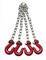 Four silver chains with red hooks, symmetrically connected to a common ring, depicting lifting equipment.
