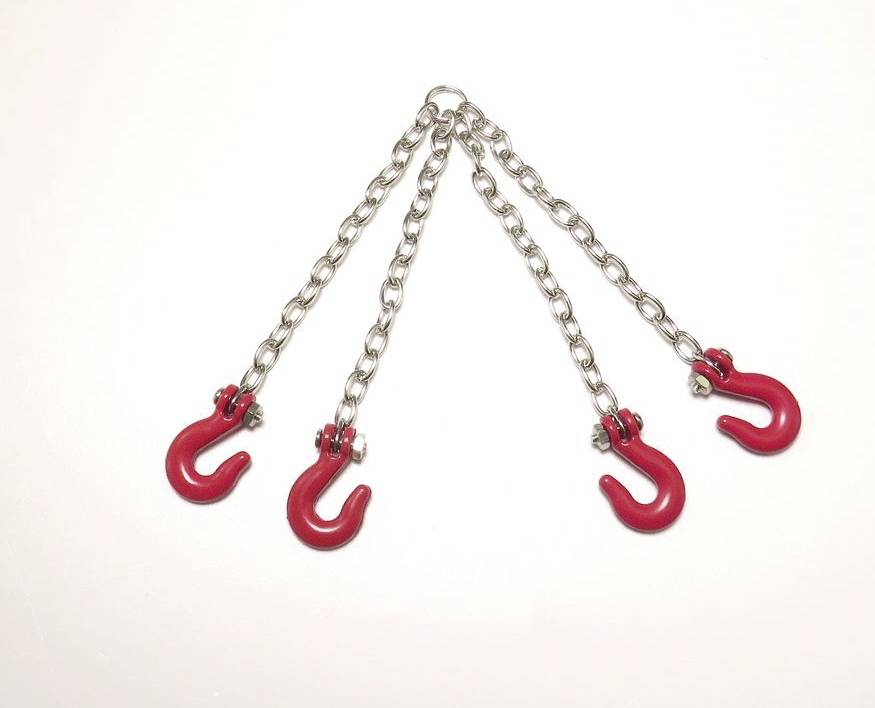 Metal chain with four red hooks, symmetrically arranged.