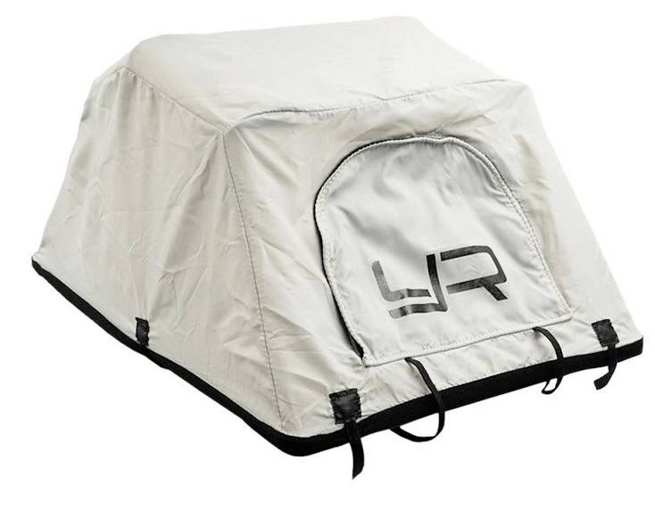 Black car roof tent with grey fabric cover and viewing window at the front, secured in a rectangular design.