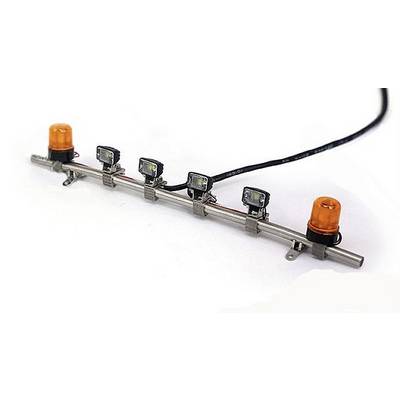 A metal rod with five LED lights and two orange warning lights, mounted on a cable with fixing clamps.
