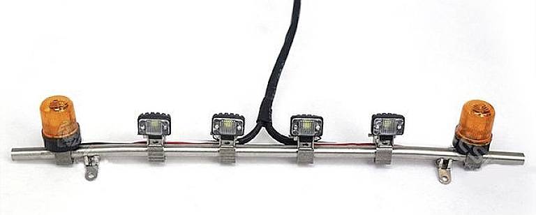 A metal tube with six small, rectangular LED lights and two orange rotating beacons attached to it.