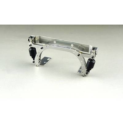 A silver metal component with two black rubber dampers, likely part of a mechanical or electronic device, on a light background.