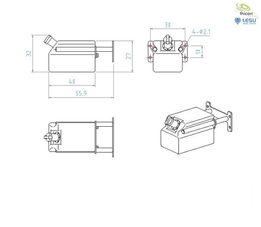 Technical drawing of a rectangular component with dimensions. Top left and right views from the front and top, bottom left from the side. Top right company logos.
