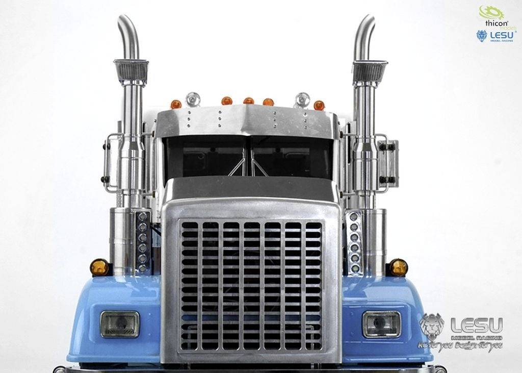 A blue toy lorry with a detailed chrome grille and exhaust pipes. Brand logos 'thicori' and 'LESU' are visible in the corner.