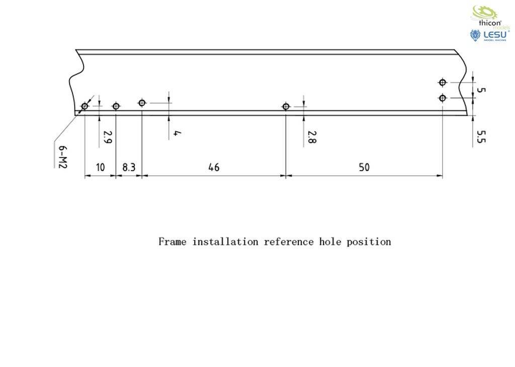 Drawing of a metal profile with drill hole positions and dimensions: 46 mm, 50 mm, 8.3 mm, 28 mm, 29 mm. Marking M2.