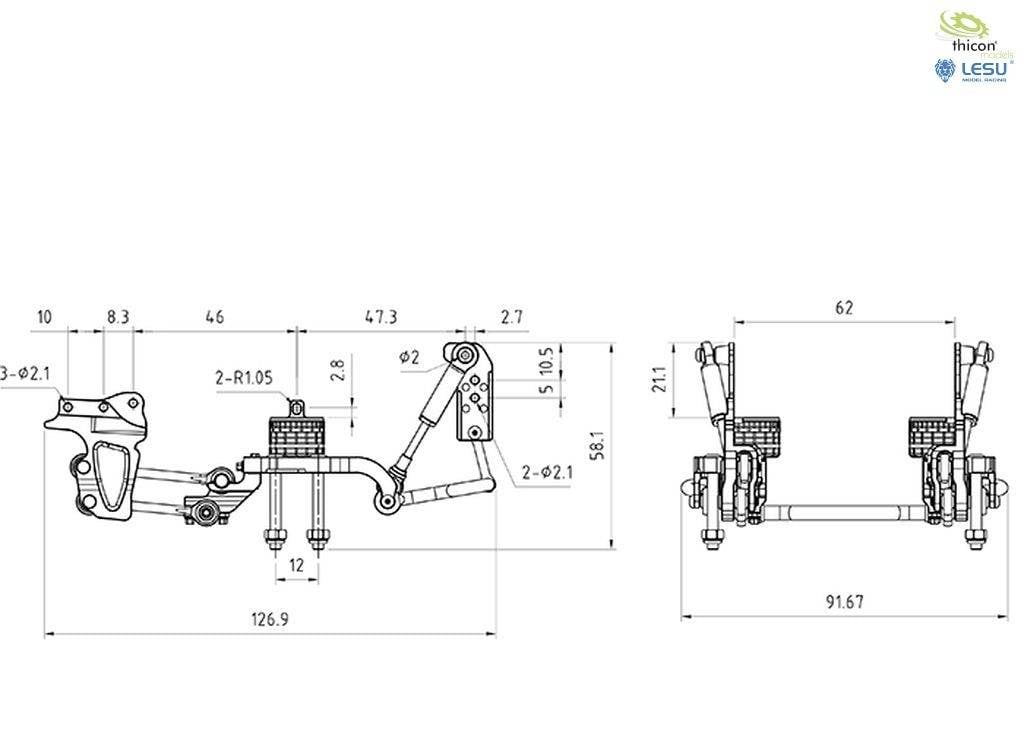 Technical drawing of a suspension system with dimensions in millimetres. Shows side and front view.