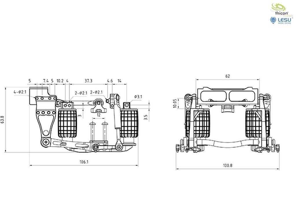 Technical drawing of a machine part with detailed dimensions and various perspective views.