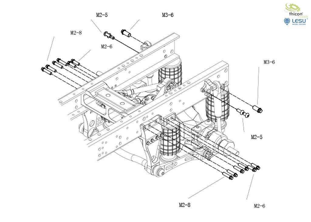Technical drawing of a chassis frame with axles and bolts. Various bolt types (M2–5, M2–8, M3–6) are marked.