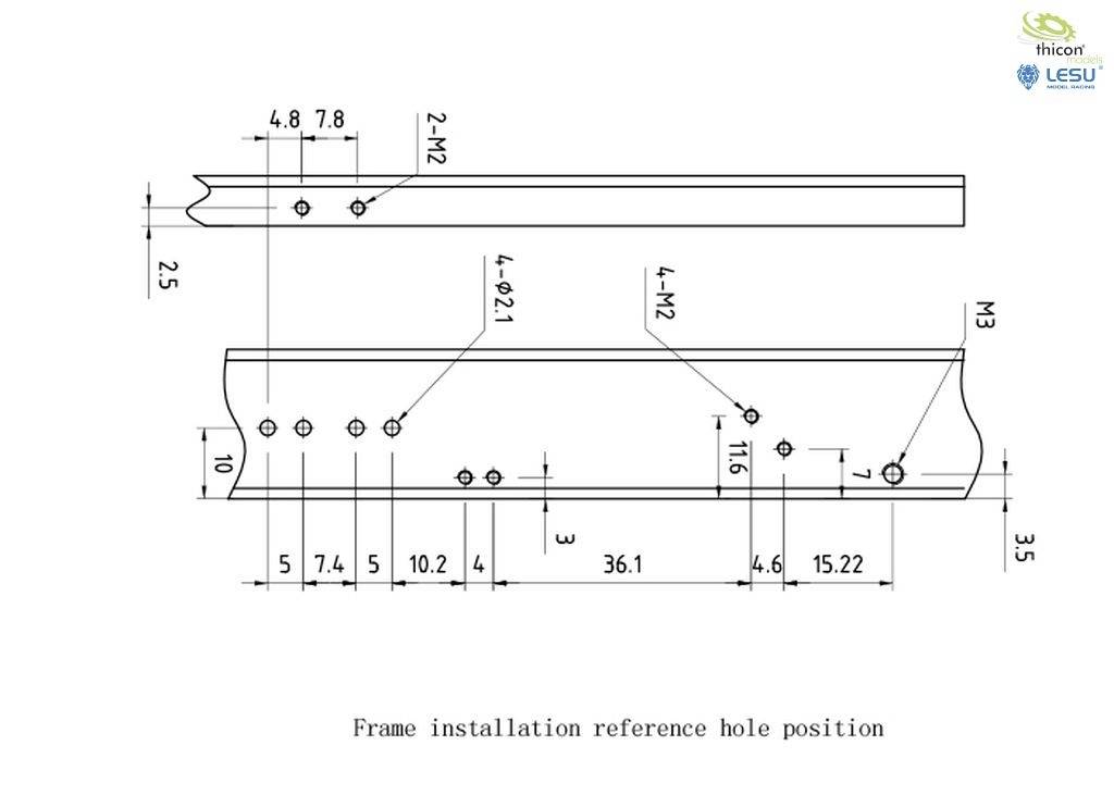 Technical drawing of two metal parts with dimensions and hole positions. Text at bottom of drawing: 'Frame installation reference hole position'