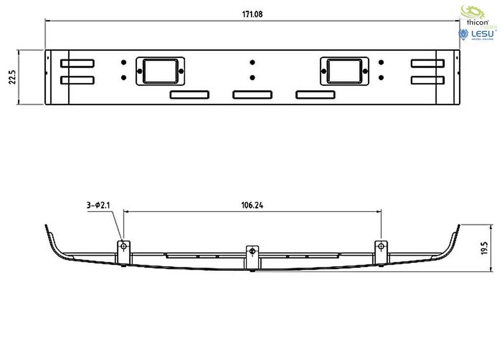 Technical drawing of a metal frame with precise measurements in millimetres. Top: 171.08 mm length, 22.5 mm height. Bottom: 106.24 mm length, 19.5 mm height.
