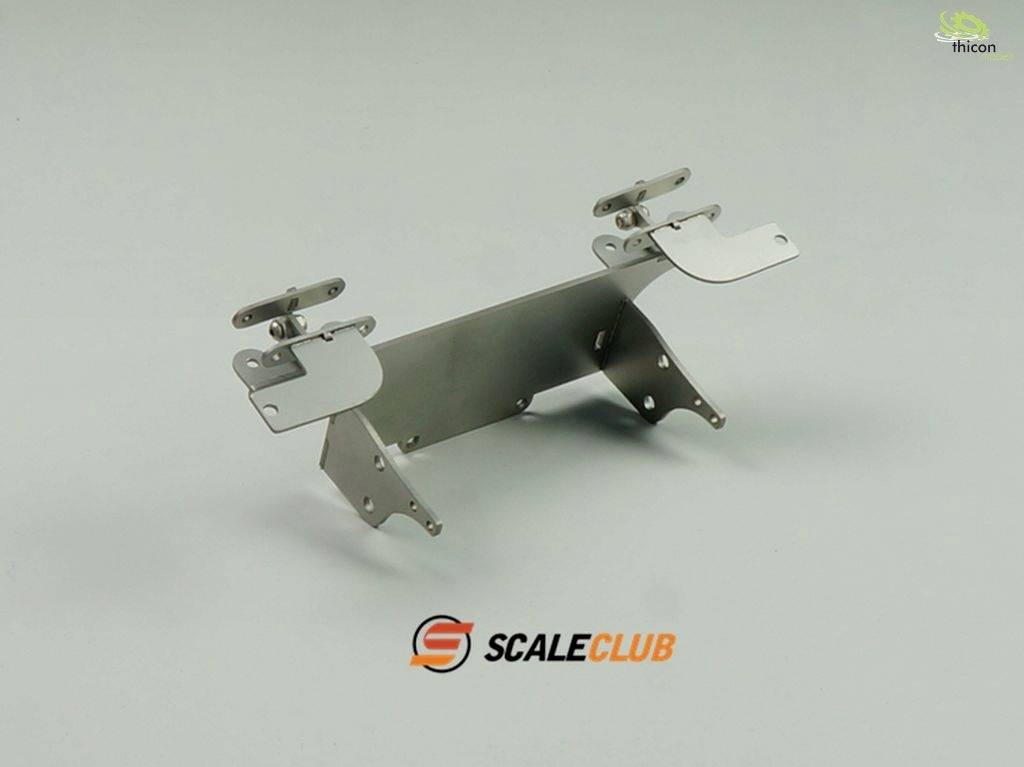 Metal mounting bracket with two movable fittings, potentially part of a model-building kit, on a grey background. A logo is situated in the top left corner.