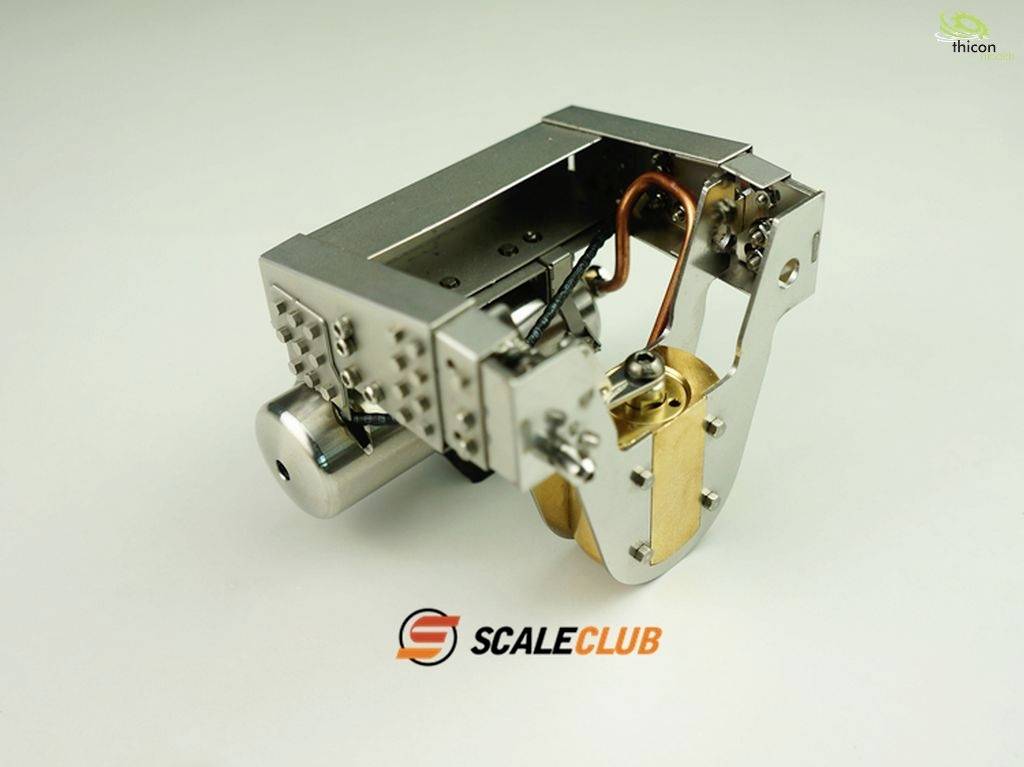 A silver metal mechanism with cylinders and cables, on a white background with the logo 'SCALECLUB' and company name 'thicon'.