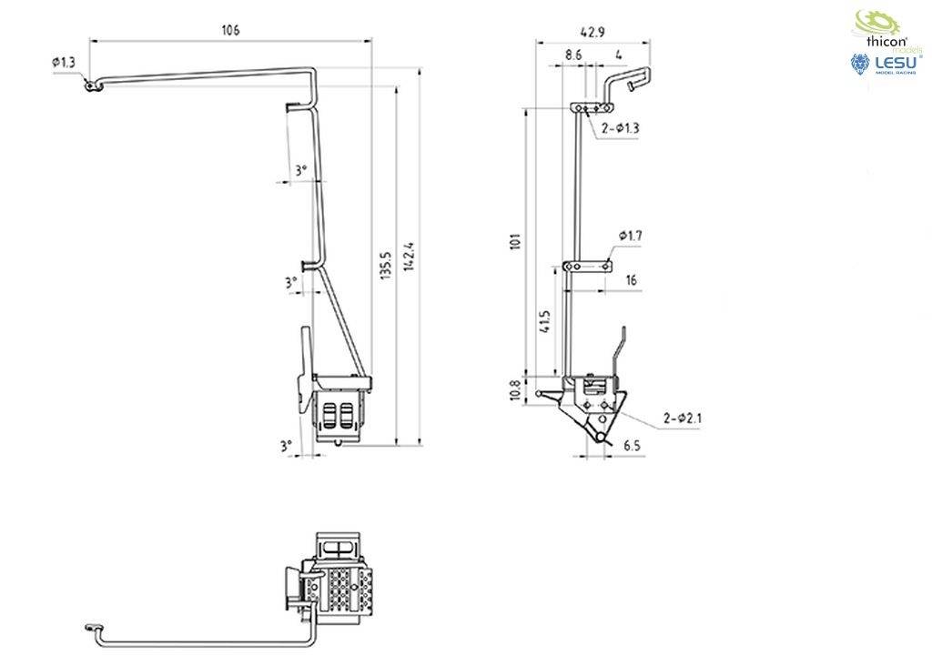 Technical drawing of a mechanical arm with detailed dimensions and angles. Company logos in the top right corner.