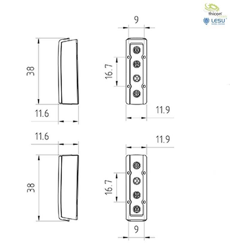 Technical drawing of a rectangular plug. Dimensions: 38 x 11.6 mm. Detailed view and specifications of the connections.