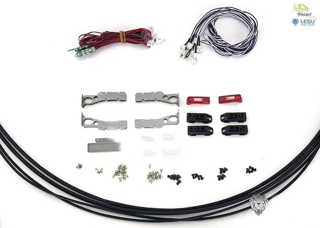 Set of cables, connectors and mounting elements on a white background, with 'thicon' and 'LESU' logos in the top right corner.
